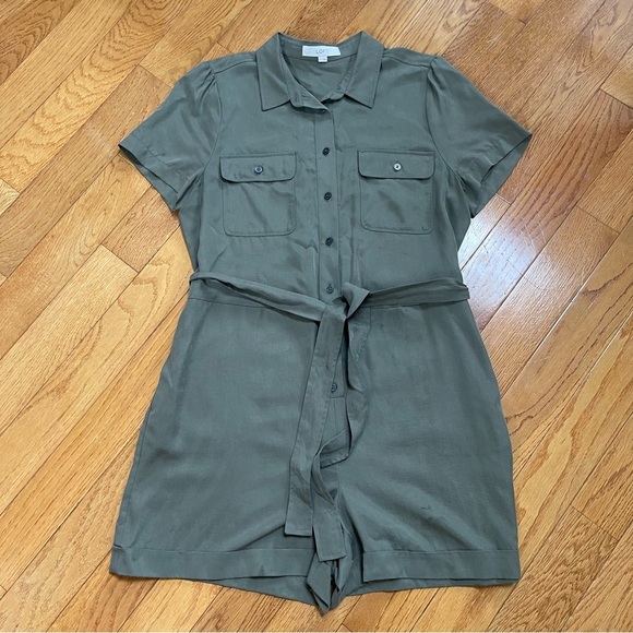 LOFT Women's Size 12 Olive Green Button-Up Romper with Cuffed Shorts + Tie Waist - Picture 3 of 16